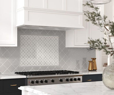 Modern kitchen with a stove and decorative backsplash