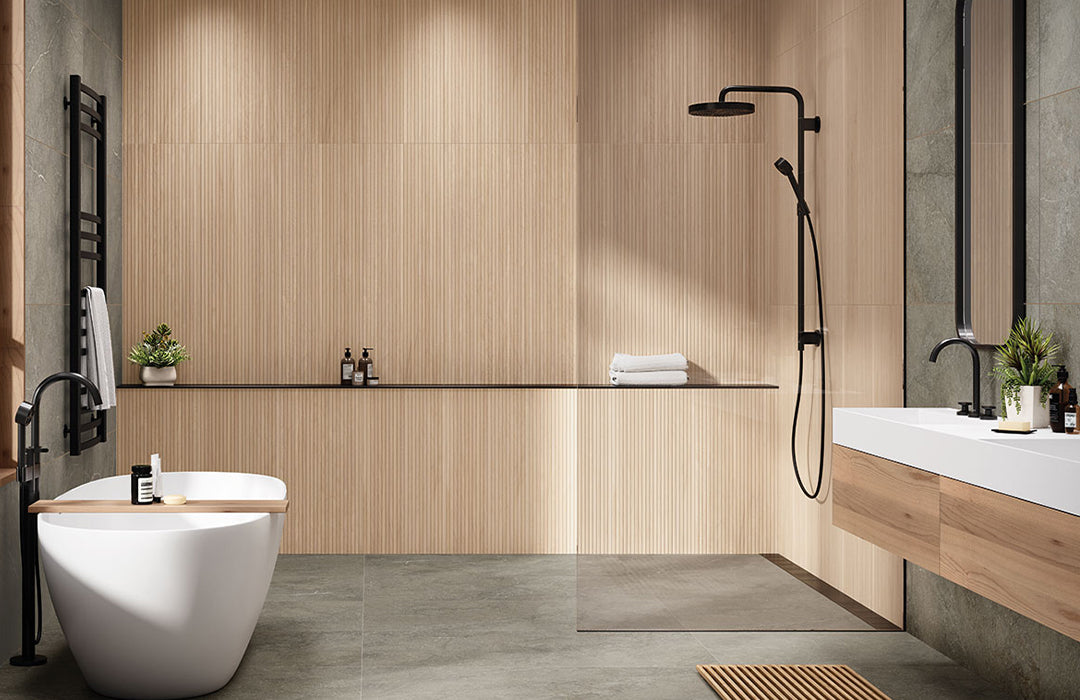 Beige ceramic tile on shower wall