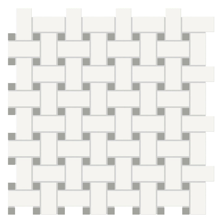 Soho Canvas White w/ Cement Chic Dot, Basketweave Mosaic Ceramic Tile