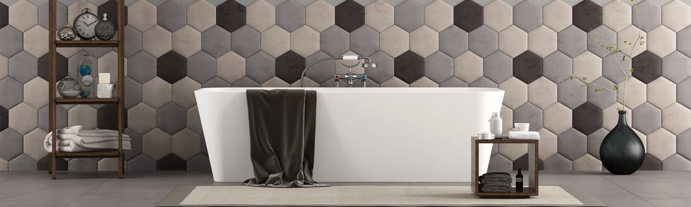 Black and gray hexagon tile on bathroom wall