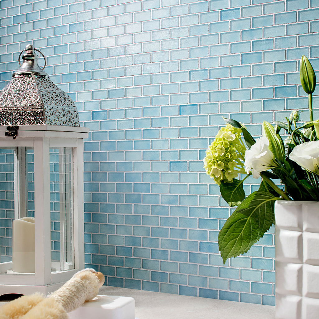 Blue glass mosaic glass tile on kitchen backsplash
