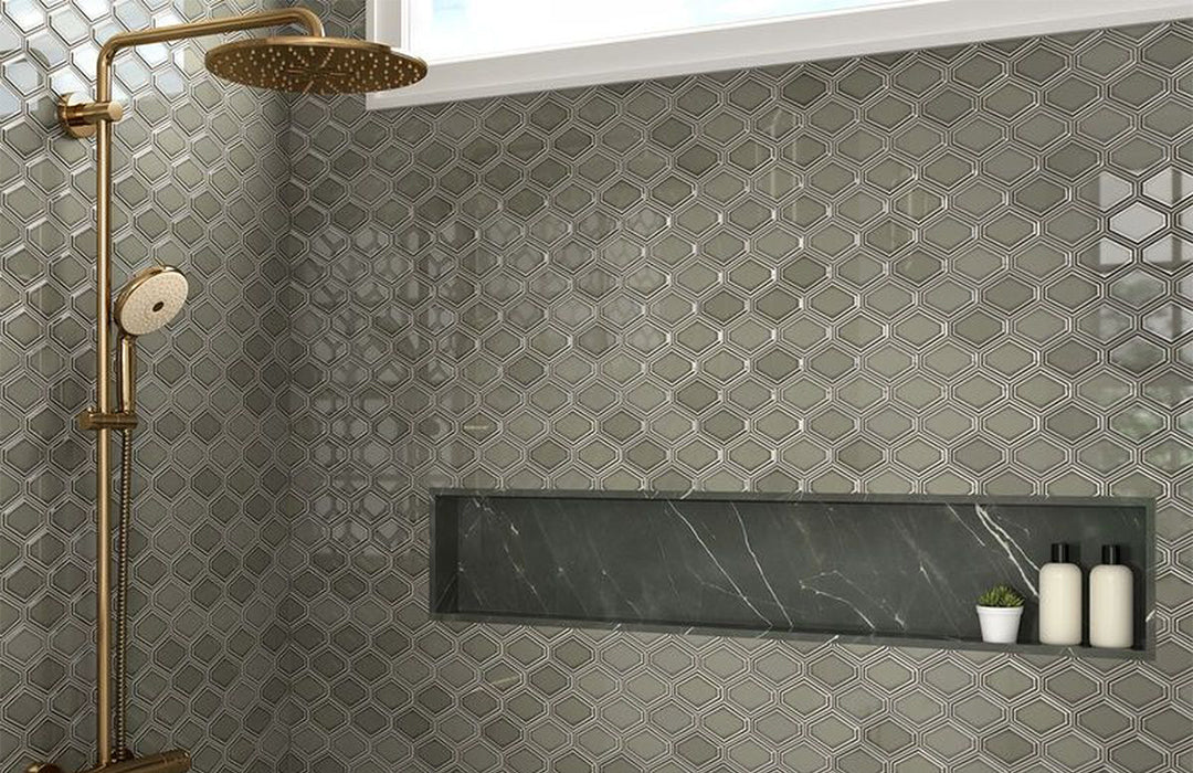 geometric ceramic tile on bathroom shower wall