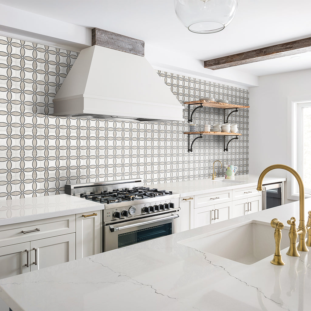 Beige and white geometric kitchen backsplash tile