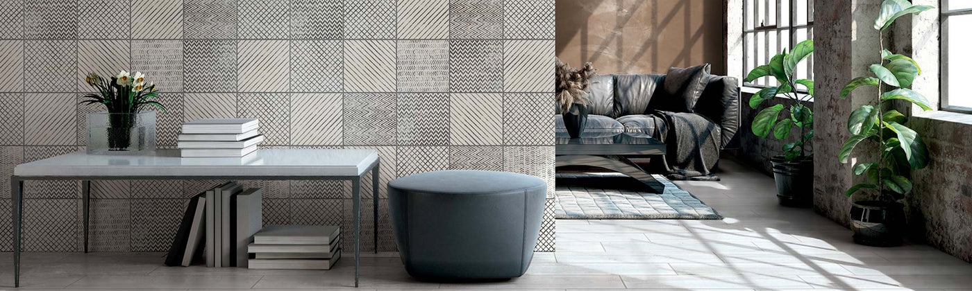 Square gray large format tile on living room wall