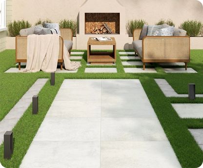 Outdoor patio with furniture, fire pit, and decorative elements.