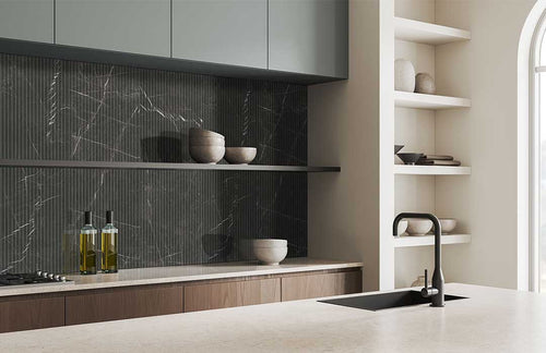 modern ceramic tile on kitchen backsplash