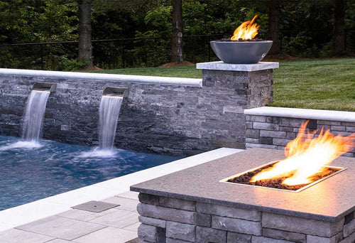Outdoor fire and water combination features