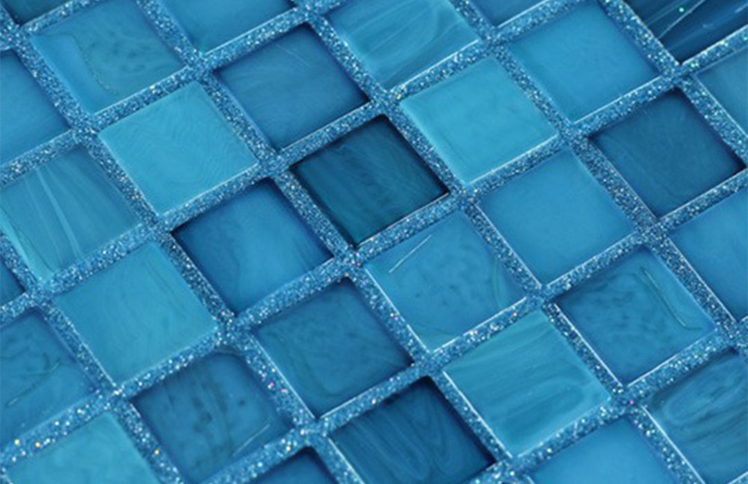 Close-up of blue glass mosaic tiles