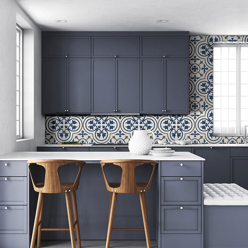 Blue and white patterned tile on kitchen backsplash