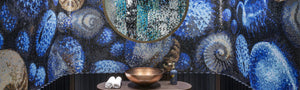 Blue custom shell mosaic tiles on bathroom vanity wall