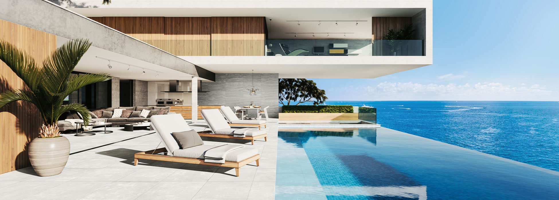 Outdoor living space with glass tile swimming pool and patio furniture