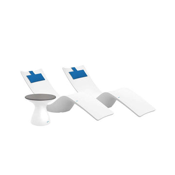 Resort Luxury Outdoor Paradise In-Pool Furniture Bundle, 2x White Autograph Chaises, 2x Capri Headrest Pillows, White with Gray Lid Side Table