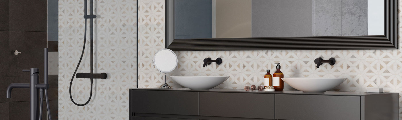 Geometric natural stone mosaic tile on bathroom vanity