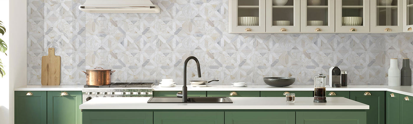 Geometric natural stone tile on kitchen backsplash