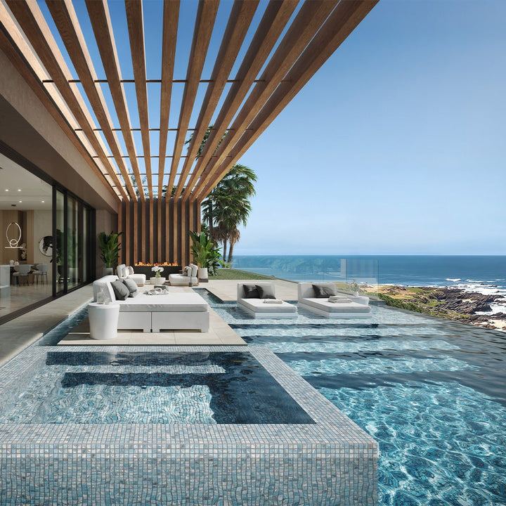 Oasis Blue, 1.5" x 1.5" + 1" x 1" Glass Tile | Pool, Spa, & Kitchen Tile