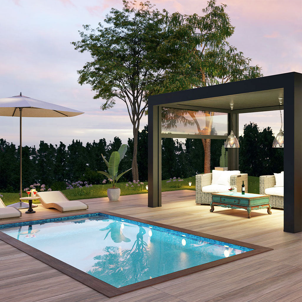 Outdoor living space with swimming pool, outdoor chaise loungers, outdoor umbrella, and patio chairs