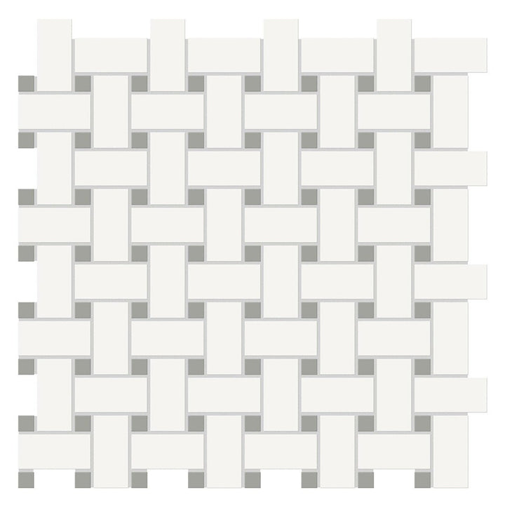Soho Canvas White w/ Cement Chic Dot, Basketweave Mosaic Ceramic Tile