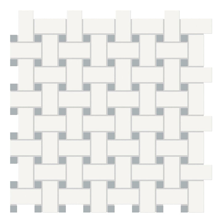 Soho Canvas White w/ Cloud Blue Dot, Basketweave Mosaic | Ceramic Tile