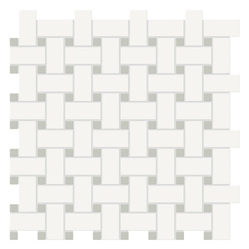 Soho Canvas White w/ Soft Sage Dot, Basketweave Mosaic | Ceramic Tile