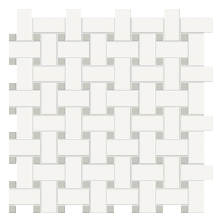 Soho Canvas White w/ Soft Sage Dot, Basketweave Mosaic | Ceramic Tile
