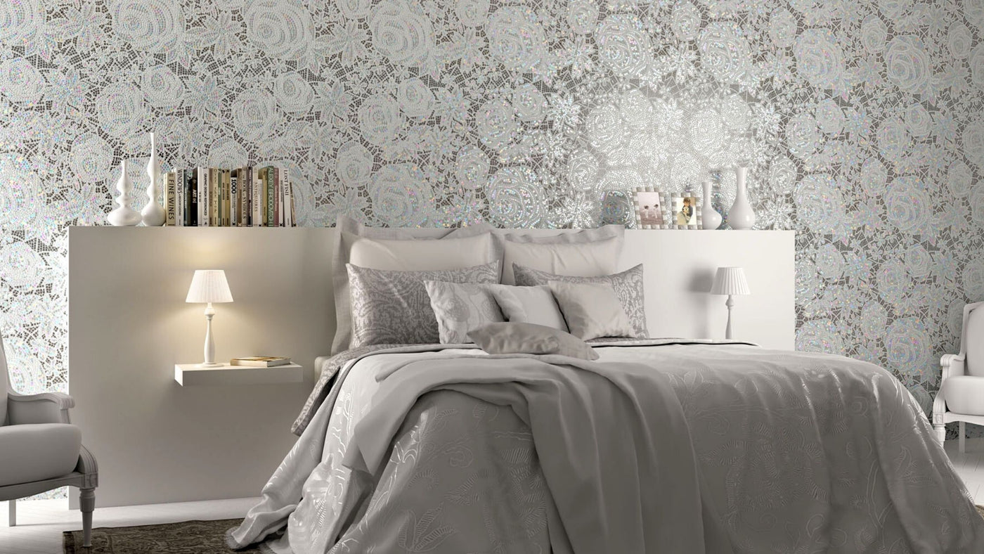 White glass mosaic tile mural on a bedroom wall