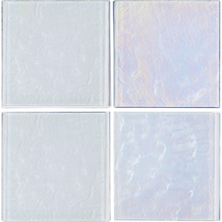 A set of white 6x6 glass tiles with an iridescent finish, showcasing different shade and size variations.
