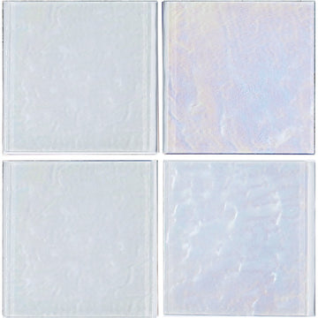 A set of white 6x6 glass tiles with an iridescent finish, showcasing different shade and size variations.