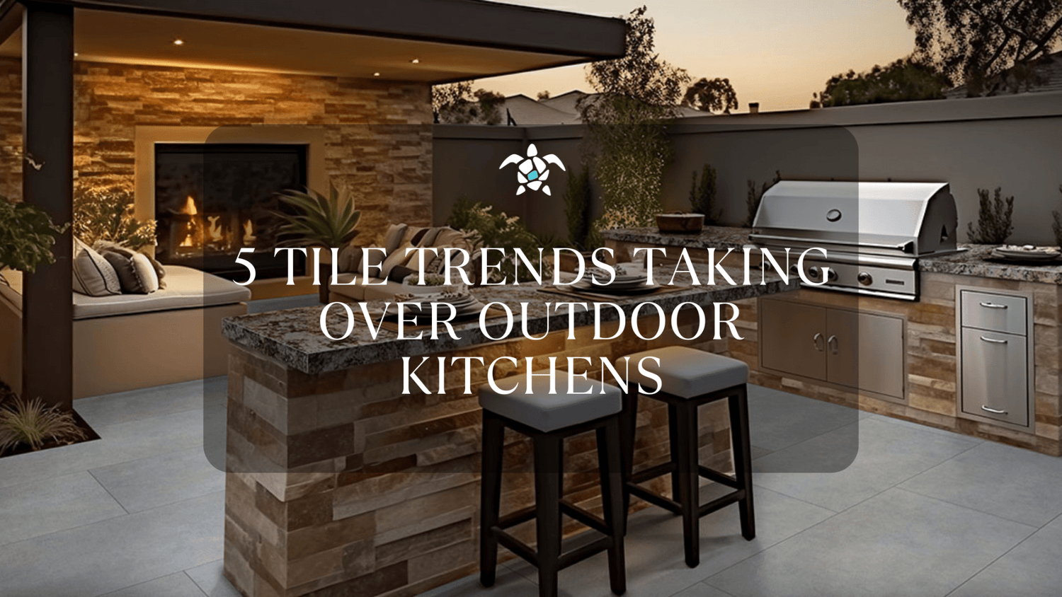 Outdoor kitchen tile trends, porcelain pavers, natural stone look, large format, terrazzo