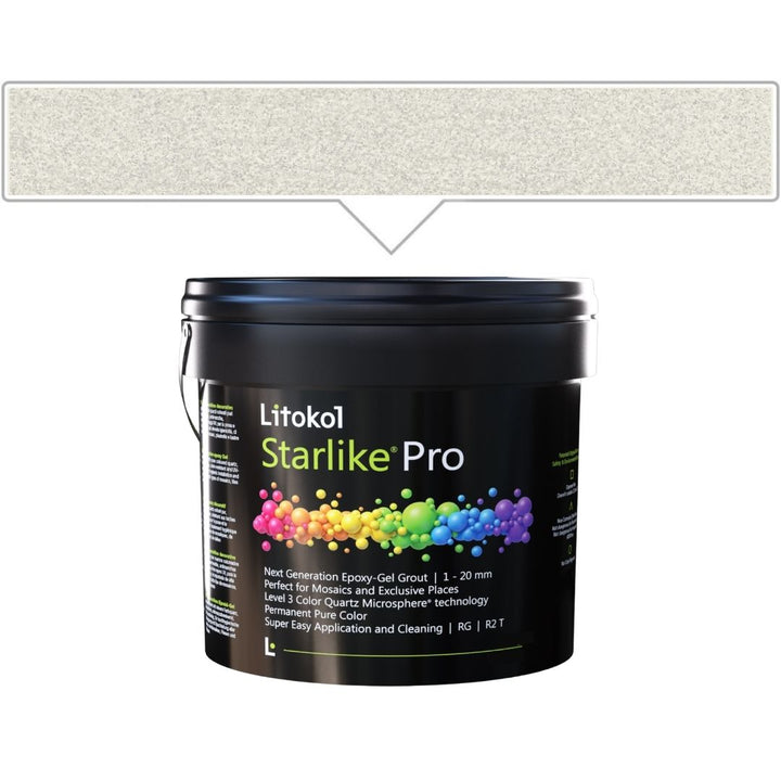 A black bucket of Litokol Starlike Pro nail color gel group with a rainbow graphic on the label, shown below a rectangular color swatch indicating the light silver-gray shade.