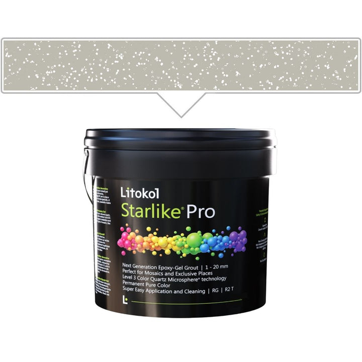 A black plastic bucket of Litokol Starlike Pro grout, shown against a white background with a color swatch graphic above it.