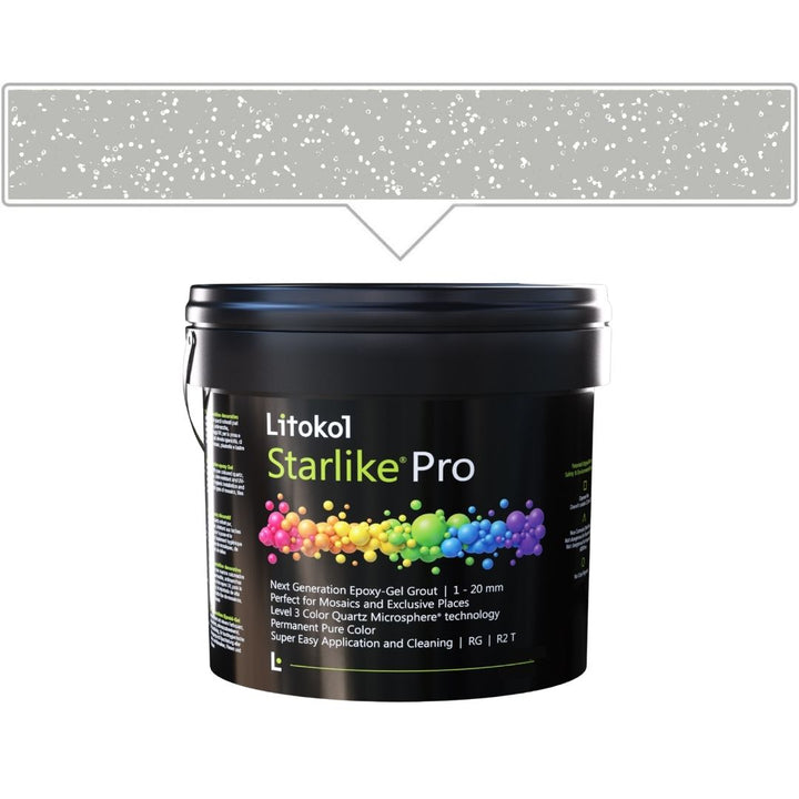 A black bucket of Litokol Starlike Pro on a white background, with a beige color swatch graphic above it pointing to the product.