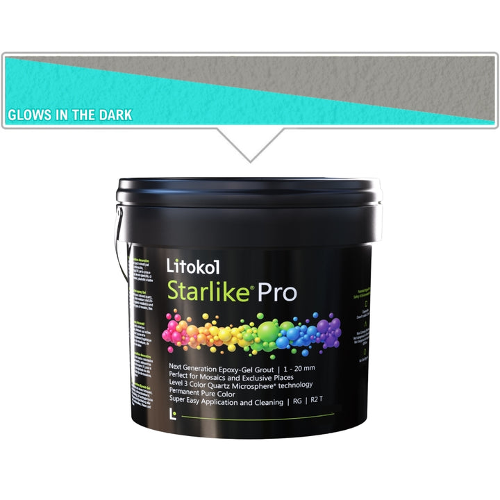 A black bucket of Litokol Starlike epoxy grout, shown on a white background with a teal color swatch banner at the top indicating it glows in the dark.