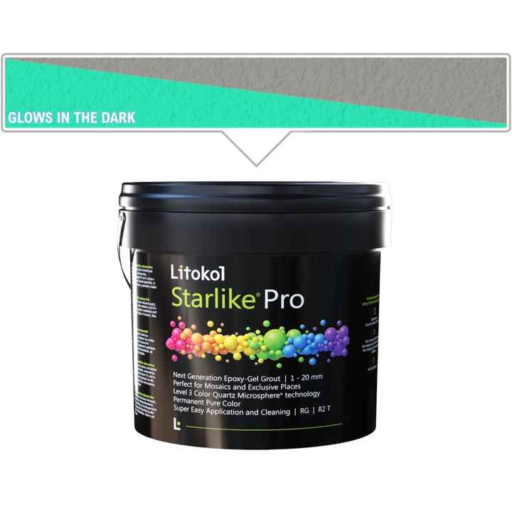 A black bucket of Litokol Starlike epoxy grout, shown on a white background with a teal color swatch banner at the top indicating it glows in the dark.