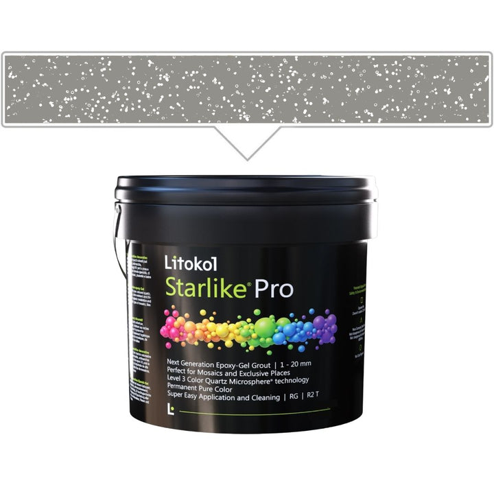 A black plastic bucket of Litokol Starlike Pro grout, shown against a white background with a gray color swatch graphic above it.