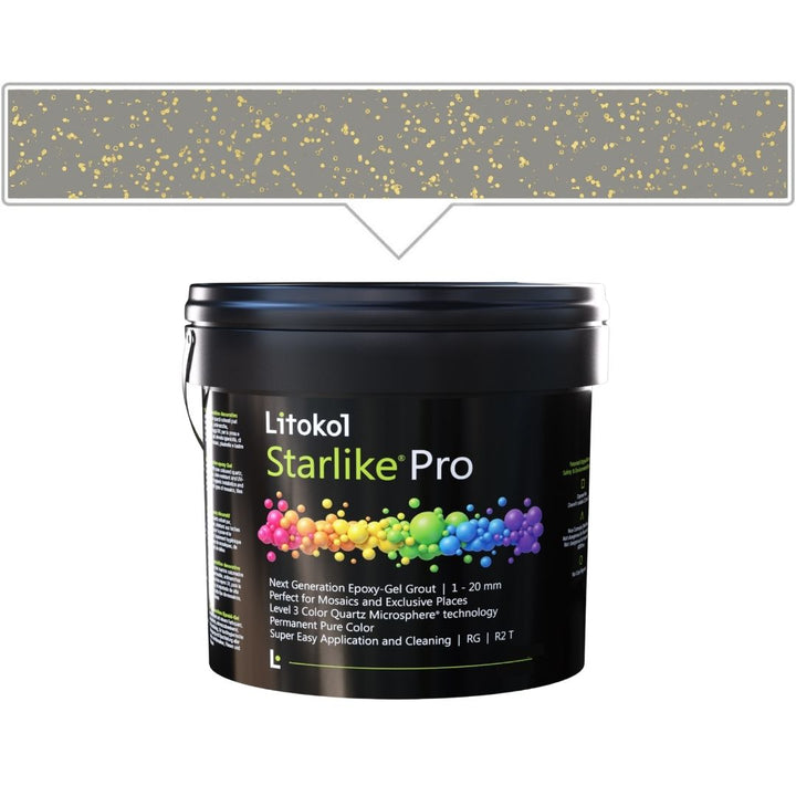 A black plastic bucket of Litokol Starlike Pro grout, shown against a white background with a gray color swatch graphic above it.