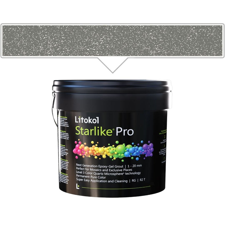 A black plastic bucket of Litokol Starlike Pro grout, shown against a white background with a gray color swatch graphic above it.