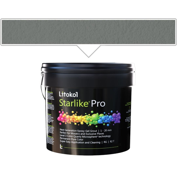 A black bucket of Litokol Starlike Pro on a white background, with a gray color swatch graphic above it pointing to the product.