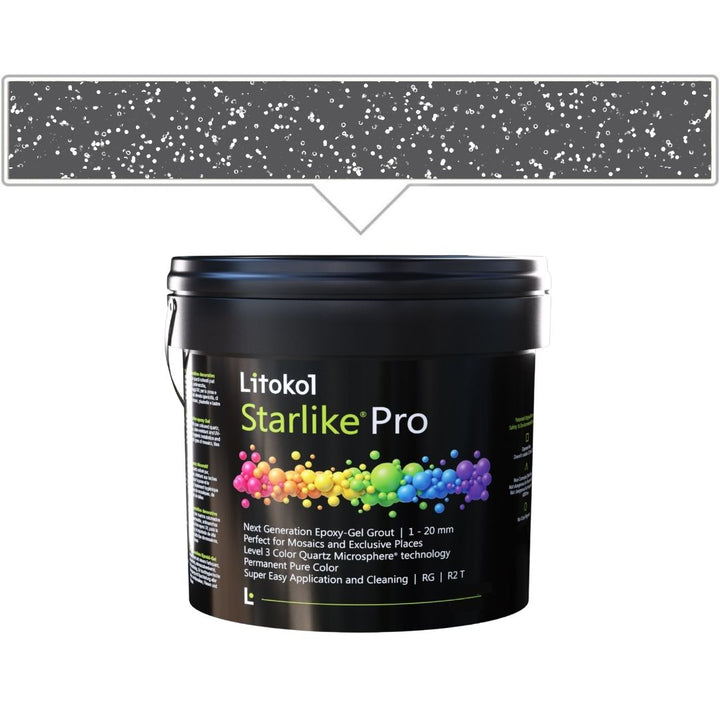 A black plastic bucket of Litokol Starlike Pro grout, shown against a white background with a gray color swatch graphic above it.