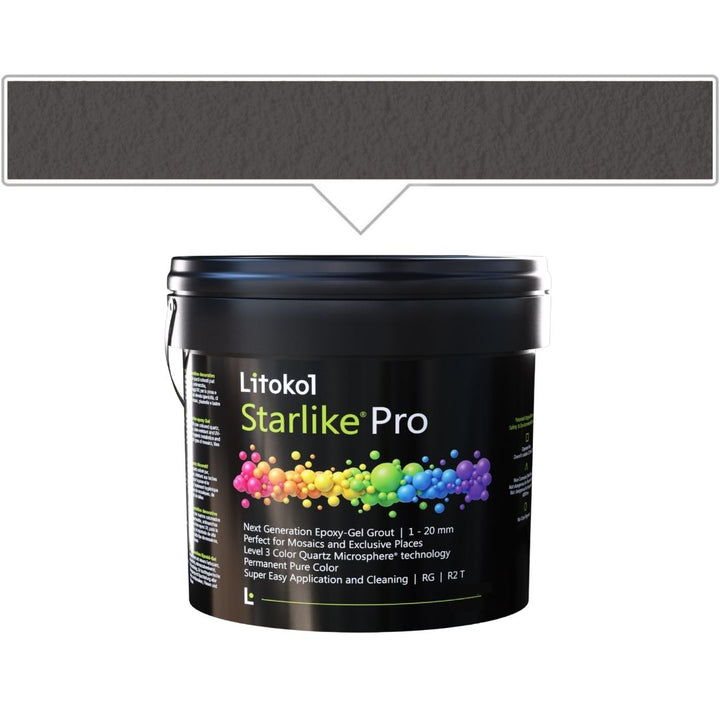 A black bucket of Litokol Starlike Pro on a white background, with a gray color swatch graphic above it pointing to the product.