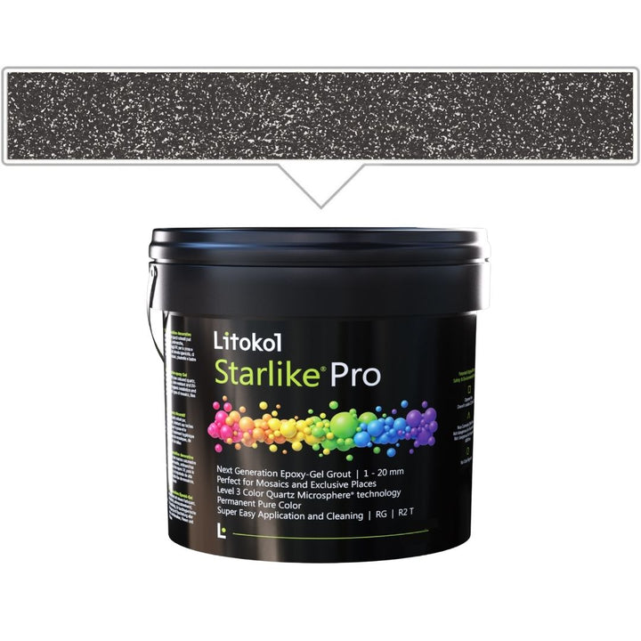 A black plastic bucket of Litokol Starlike Pro grout, shown against a white background with a gray color swatch graphic above it.