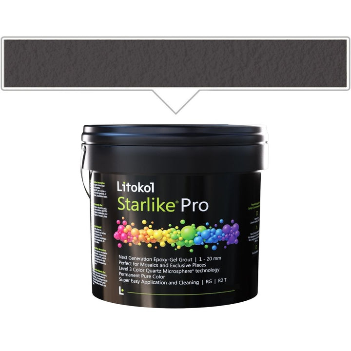 A black plastic bucket of Litokol Starlike Pro grout, shown against a white background with a gray color swatch graphic above it.