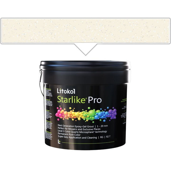 A black plastic bucket of Litokol Starlike Pro grout, shown against a white background with a beige color swatch graphic above it.