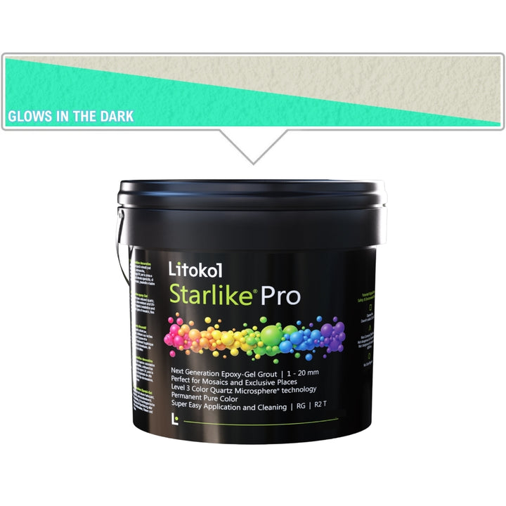 A black bucket of Litokol Starlike Pro on a white background, with a beige color swatch graphic above it pointing to the product.