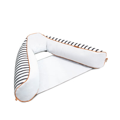 White inflatable pool float with black and white striped top on a white background