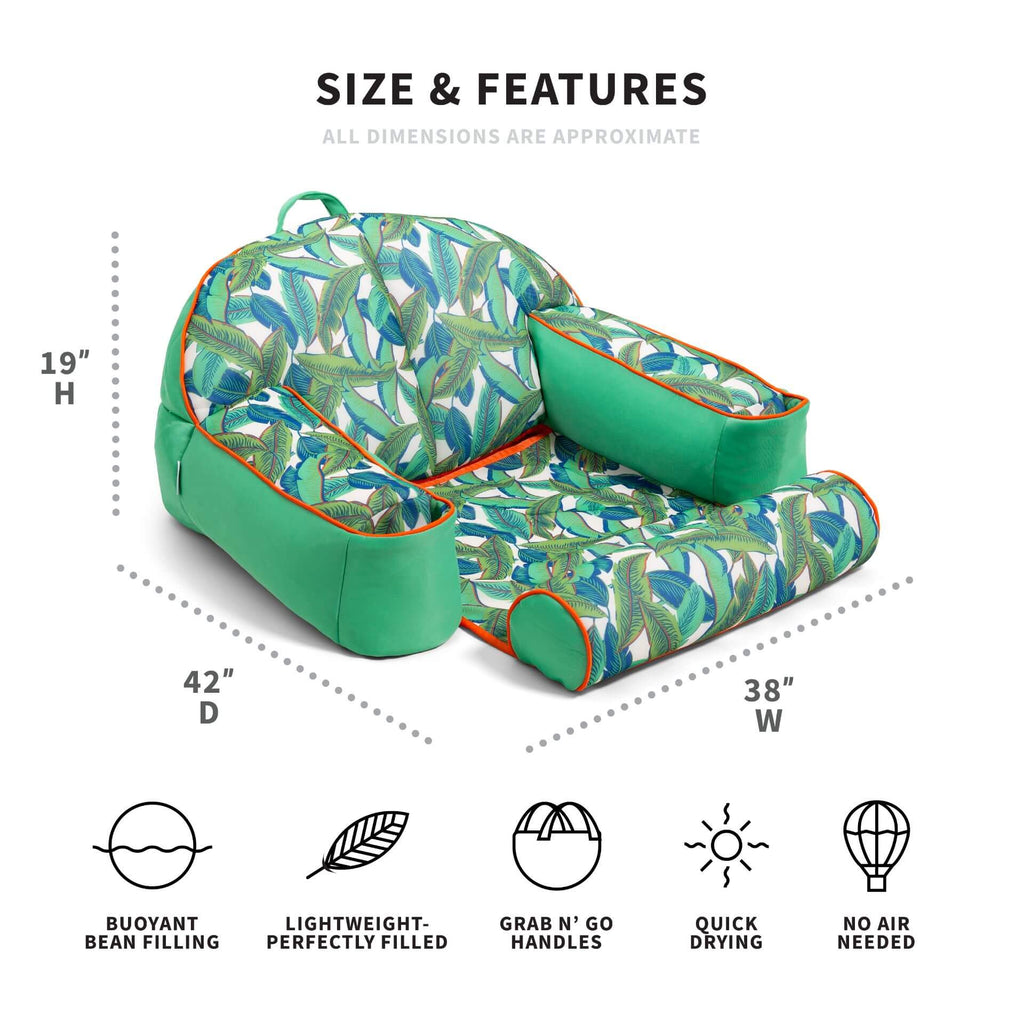 Green leaf-patterned inflatable seat with dimensions and features listed on a white background