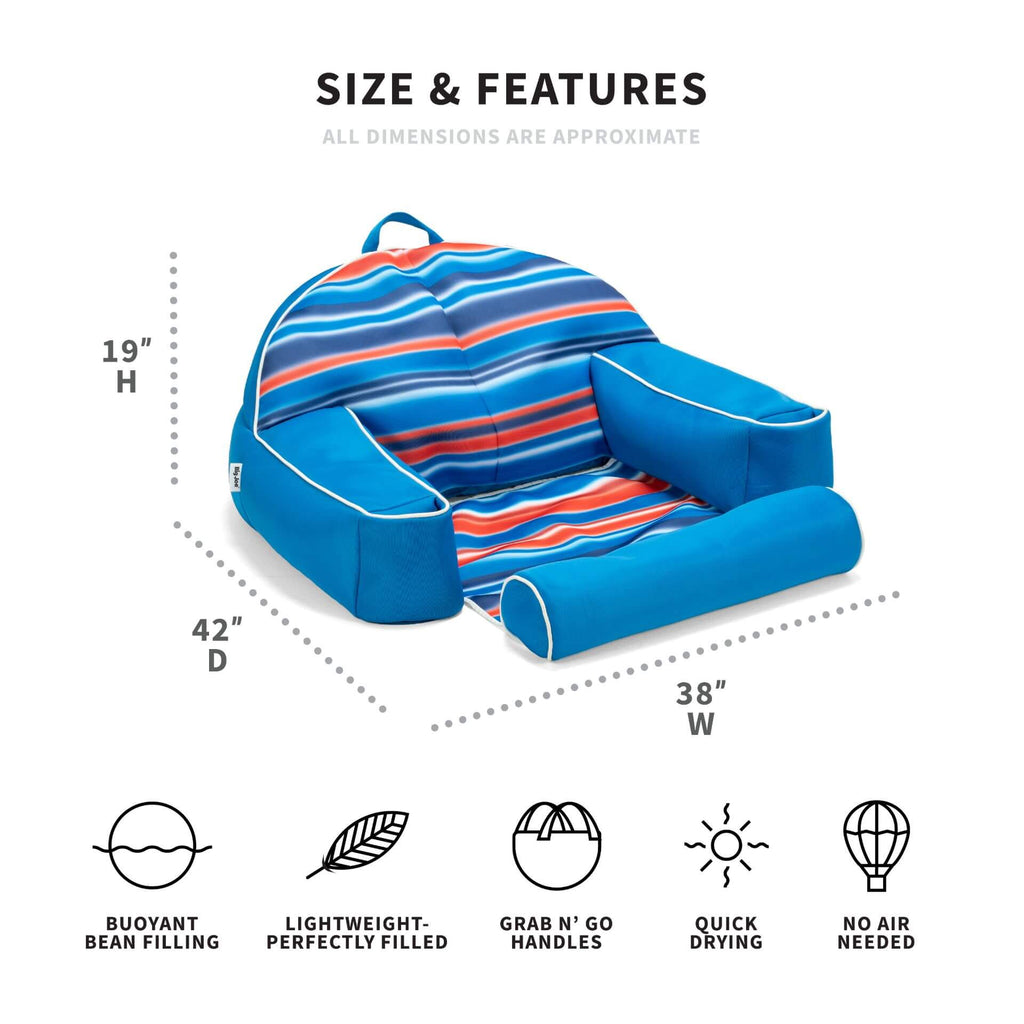 Blue inflatable seat with striped pattern, dimensions, and features listed on a white background.