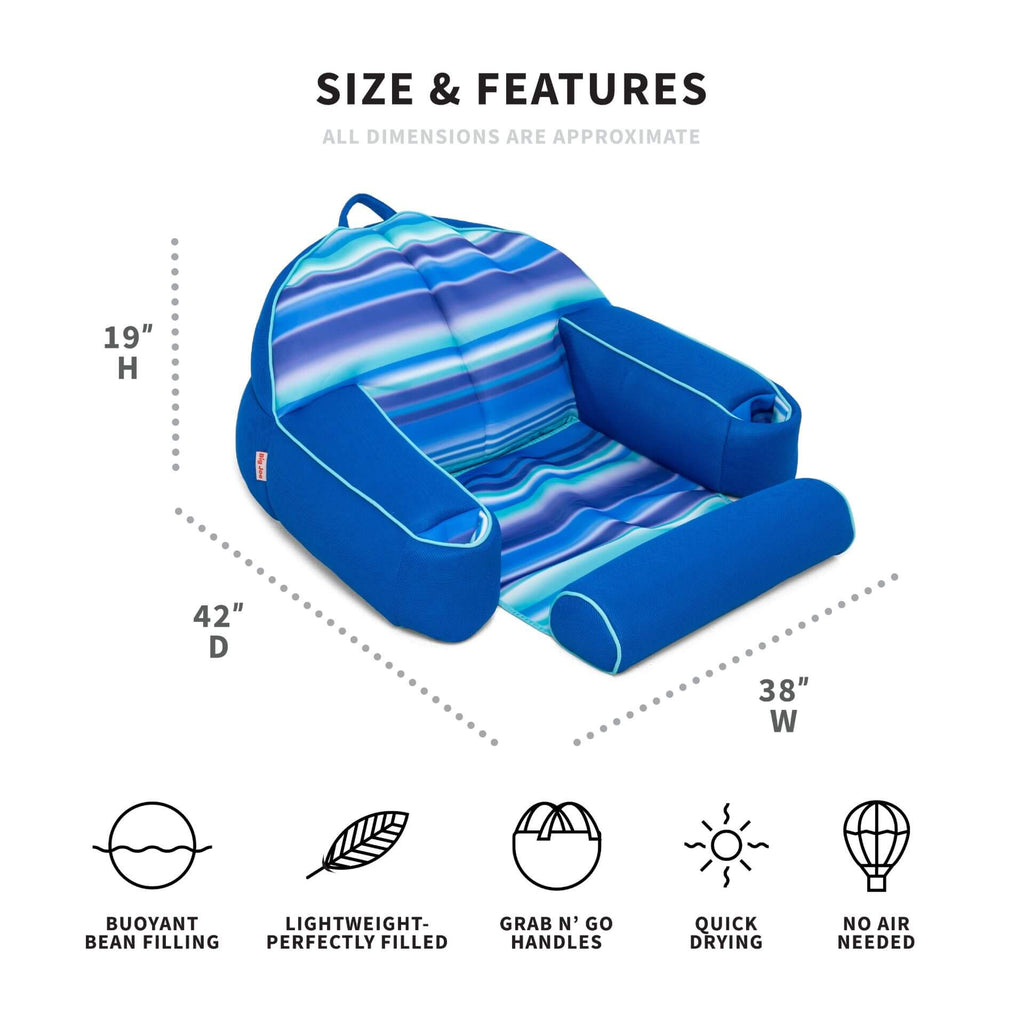 Inflatable blue and purple seat with dimensions and features listed on a white background