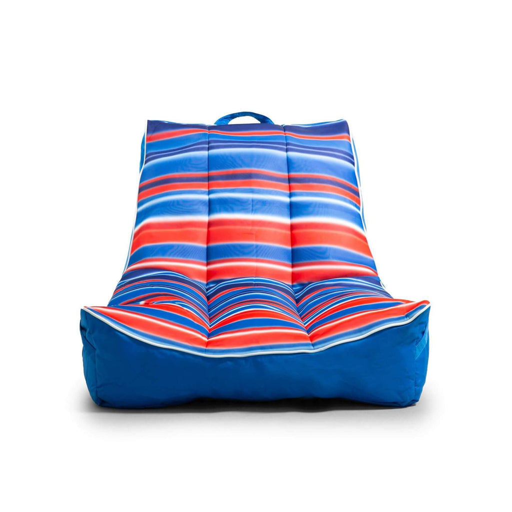 Striped bean bag chair with blue, red, and white pattern on a white background