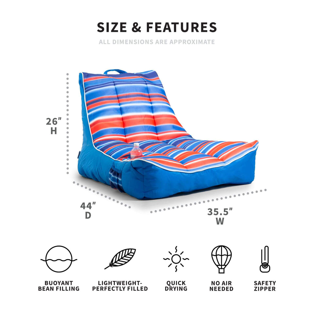 Colorful striped bean bag chair with dimensions and features on a white background