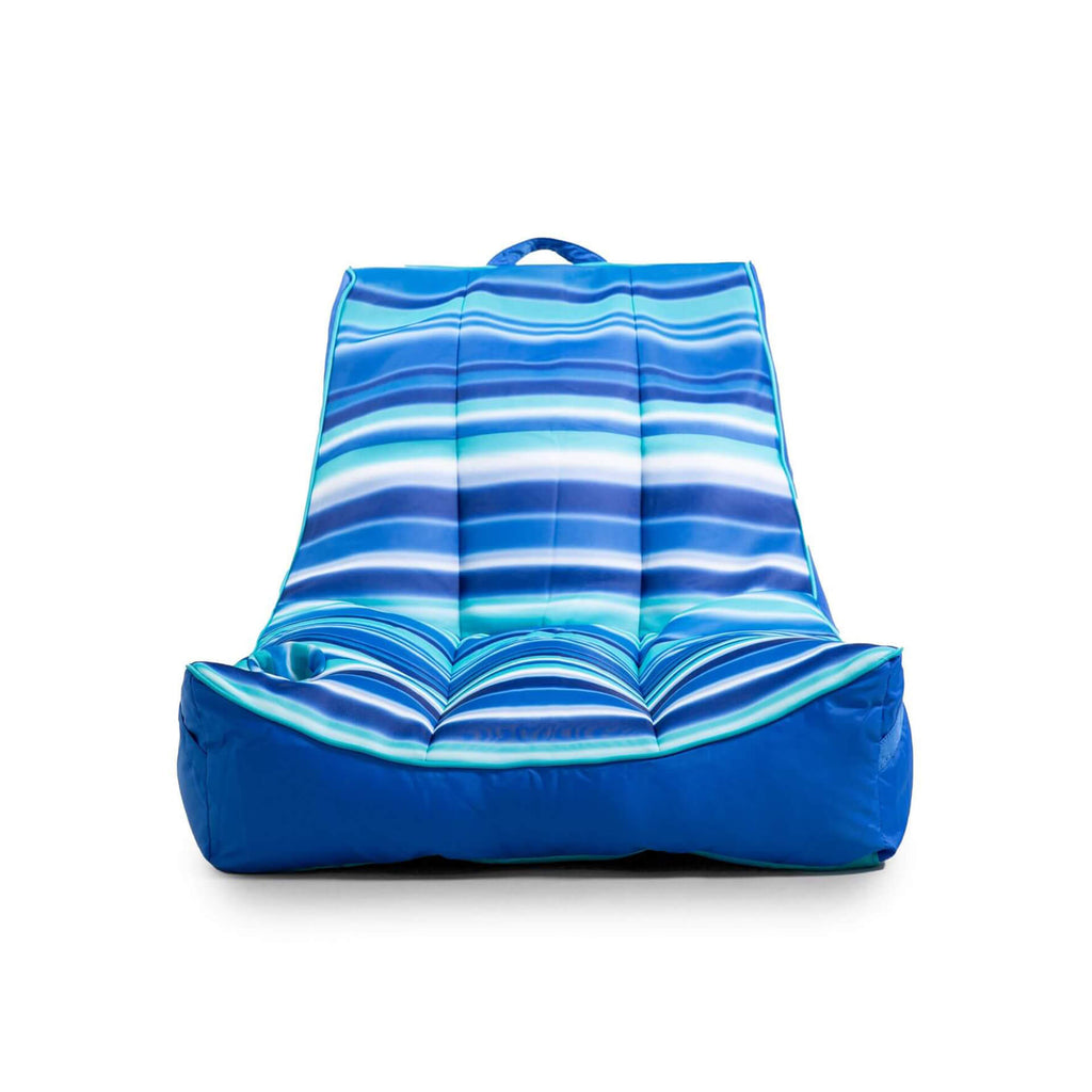 Blue and white striped inflatable seat on a white background